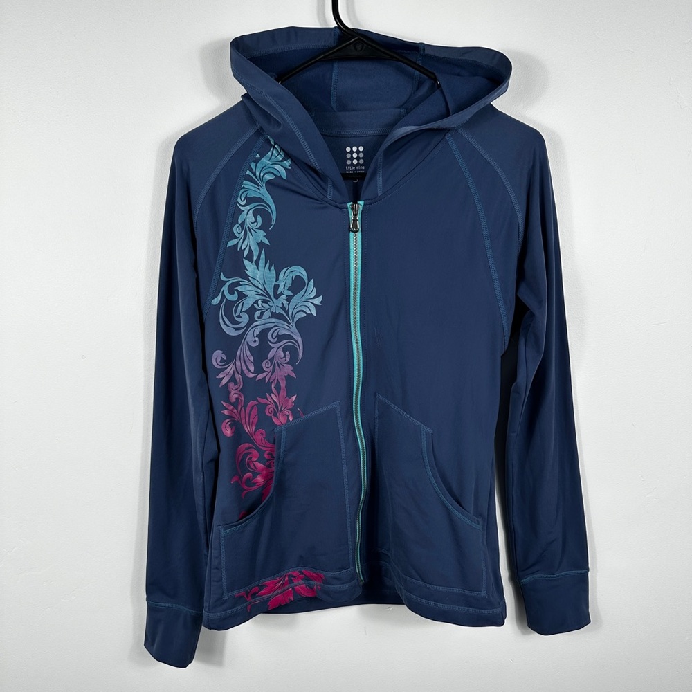 Title Nine Regulator Full Zip Hoodie Jacket Blue Floral Athletic Stretch - Small